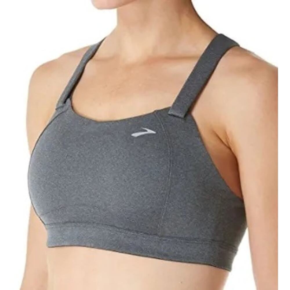 Brooks Juno Cross Back High Impact Sports Bra Logo Yoga Workout Hook Eye Gray S